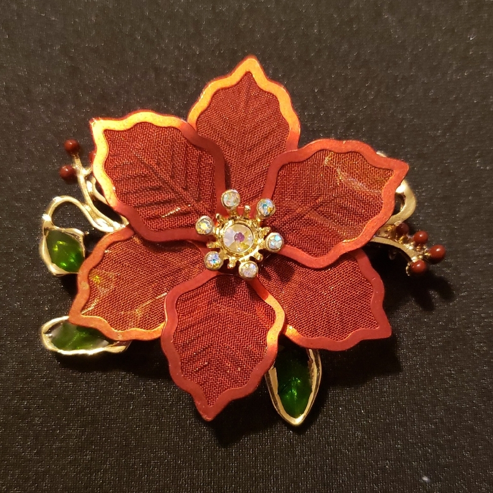 Vintage Kenneth Cole Poinsettia, Mesh Red, Gold-Tone Brooch.